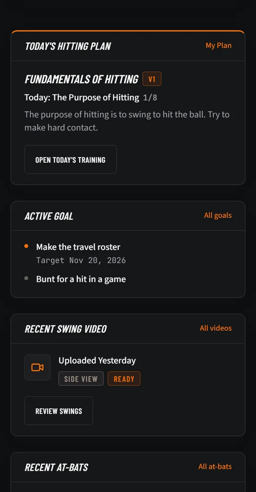 CoachBass My Plan: today's hitting plan, active goal and recent swing video