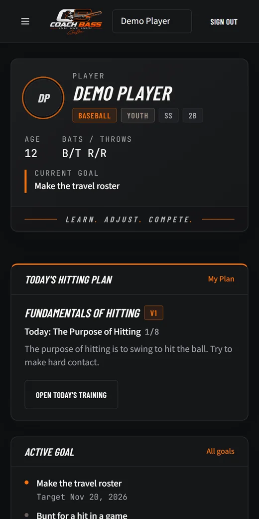 The CoachBass Today screen for a baseball player