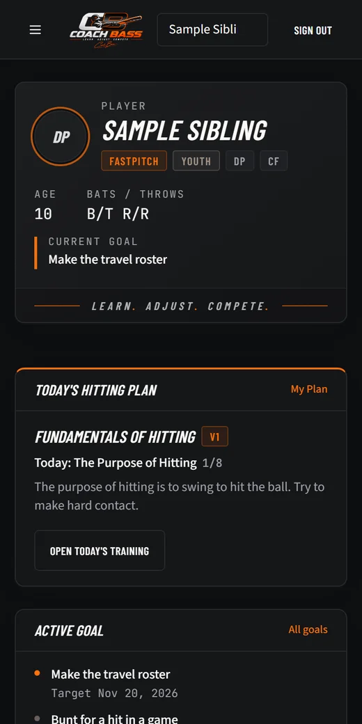 The CoachBass Today screen for a fastpitch player